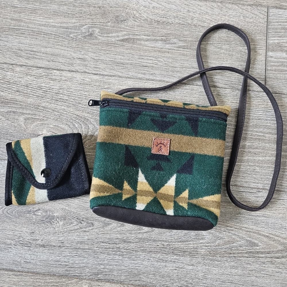 Green & Tan Southwestern Wool Blend Boho Crossbody Bag & Coin Purse
